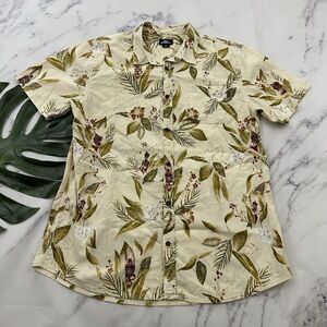 O'Neill Mens Hawaiian Shirt Size XL Cream Green Tropical Leaves Skeleton Lady